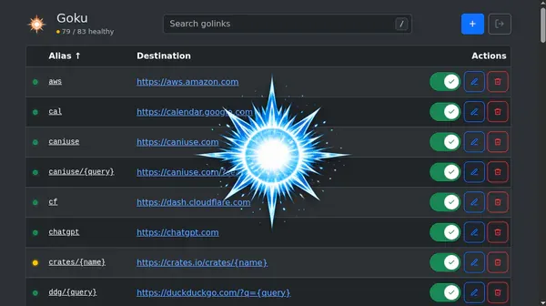 Goku admin panel showing golink aliases, destinations, and health checks